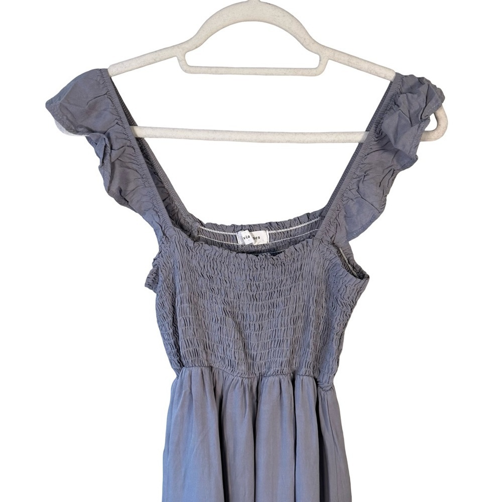 Olivia + James Gray Blue Smoked Ruffle Mini Dress Size M Feminine Summer Flowy - Picture 8 of 11